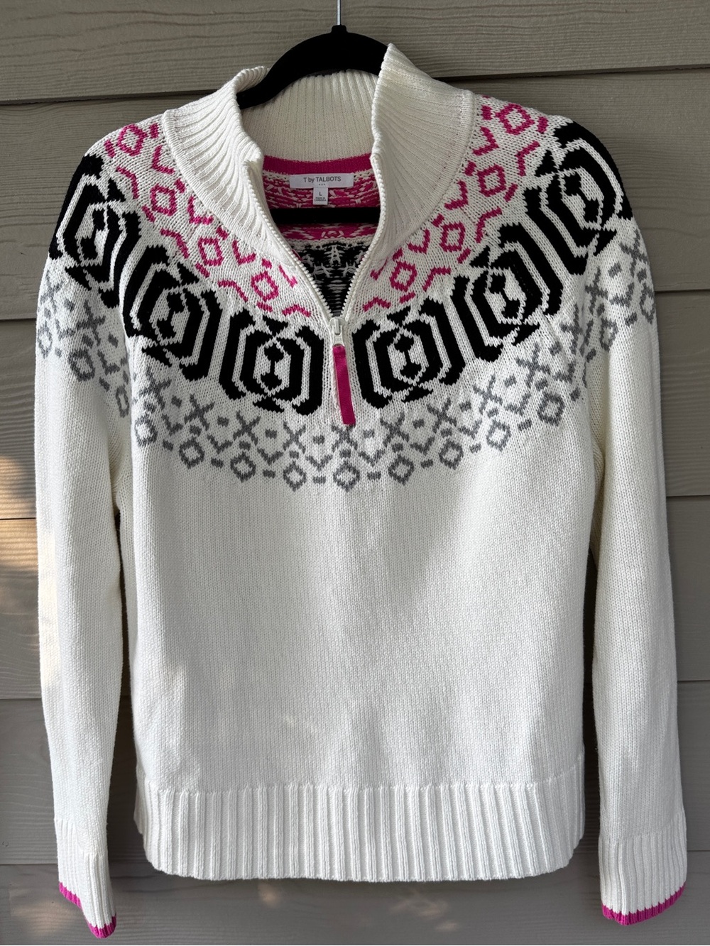 Talbots Fair Isle sweater Half-Zip Pink & Black Accents size large